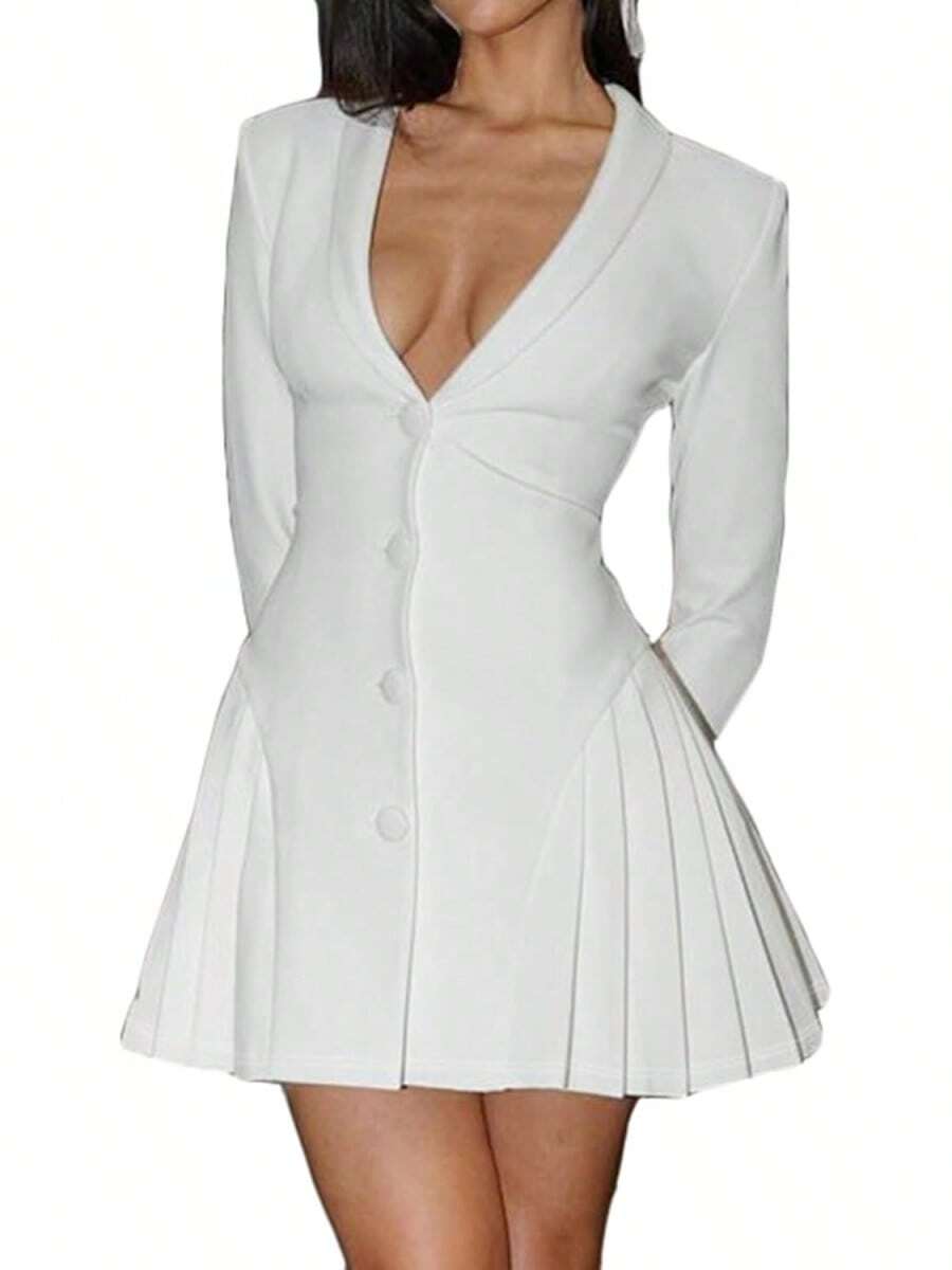 Women's Elegant Mini Blazer Dress With Deep V-Neck, Long Sleeves, Buttons And Pleats - 白色 - 查看 1