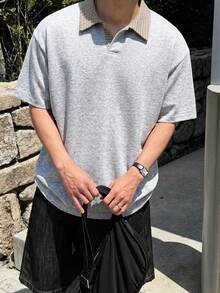 1件男士 Polo 衫，淺灰色拼色格紋領寬鬆版型，針織面料舒適親膚抗起球，美式復古商務休閒風，適合日常通勤、夏季休閒社交 - 淺灰色 - 查看 11