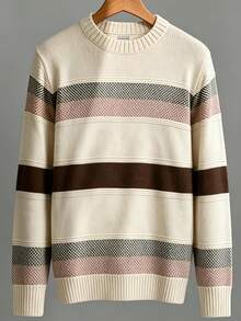 Men's Knitted Sweater, Round Neck, Long Sleeves, Premium Wool, Basic And Comfortable Winter Clothing - Listra Bege - 查看 1