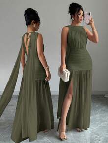 Vestido plisado con abertura y espalda descubierta de unicolor elegante para mujer, de verano - Verde militar - Ver 1