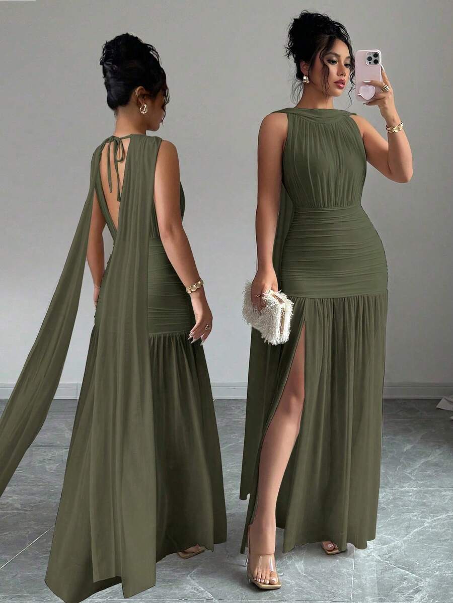Vestido plisado con abertura y espalda descubierta de unicolor elegante para mujer, de verano - Verde militar - Ver 1