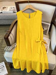CURVE  de cuello redondo sin mangas con lazo, talla, para mujer. Adecuado para salidas casuales, uso diario y vacaciones - Amarillo - Ver 1