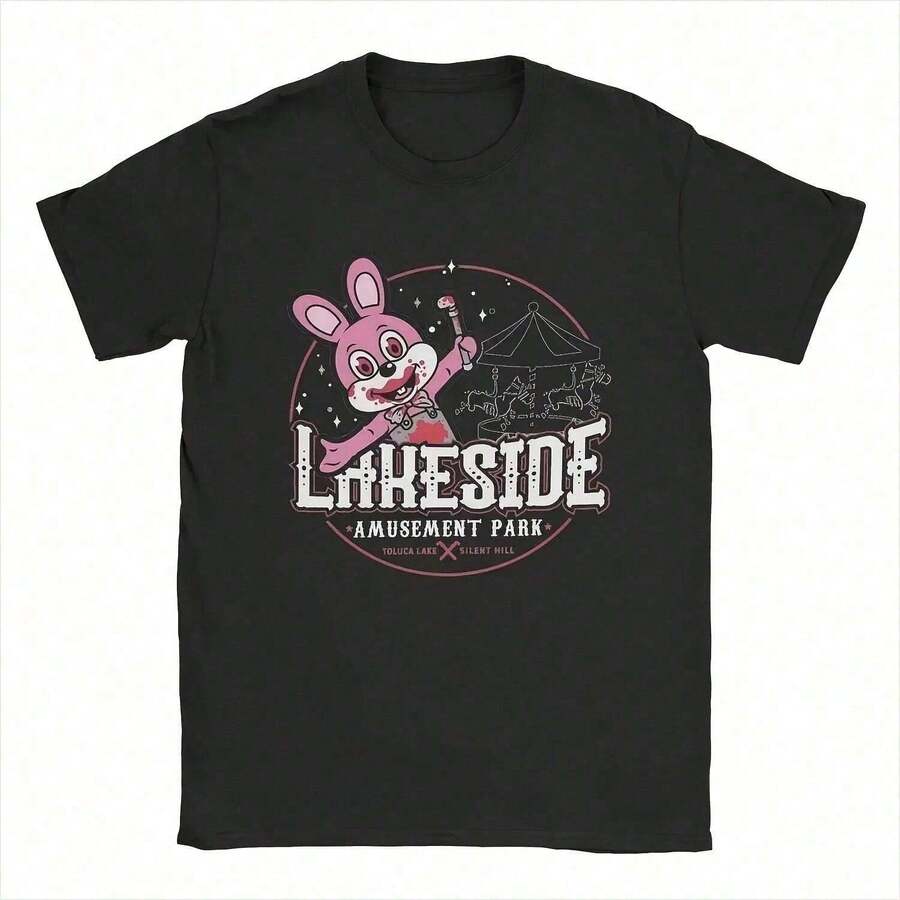 Playera Holgada Estampado Conejo Gatito Terror Manga Corta Casual Streetwear Estilo Japonés Kawaii Urbano Urbana Retro Aesthetic - Negro - Ver 1