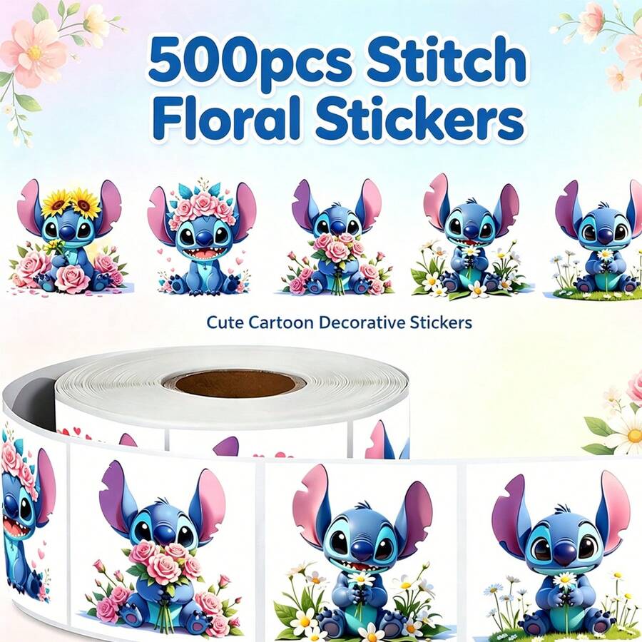MINISO-500張史迪奇花朵系列貼紙,可愛卡通史迪奇花朵裝飾標籤貼紙,適用於禮品包裝封口、派對小禮、DIY手工與剪貼簿,精緻居家裝飾貼紙禮物 - 500pcs - 查看 1