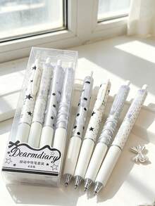 4支裝星星波點可伸縮凝膠筆套組，INS風銀白色緞帶印花可愛黑墨水筆，0.5mm快乾順滑書寫簽名筆，學生可愛文具，開學禮物，開學必備 - 彩色 - 查看 6