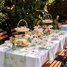 Juego de 3 piezas de camino de mesa transparente con bordado floral (29.5 X 71 pulgadas, verde salvia/champán/blanco), mantel de estilo granja con flores, adecuado para uso diario, vacaciones, bodas, hoteles, fiestas de cumpleaños, decoración del hogar, camping y picnic, todas las estaciones - Camino de mesa de tul bordado con flores silvestres - Ver 8