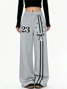 Autumn/Winter Casual Vacation Versatile Knit Letter & Bow Print Wide Leg Long Pants For Teen Girls - Grey - View 2