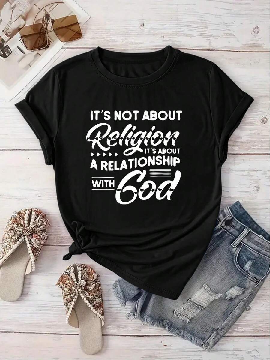 do de Patrón Creativo de Relación de Fe, Casual para Mujer, Vacaciones, Manga Corta y Cuello Redondo, Primavera y Verano, Lavable a Máquina, Ropa Nueva de Mujer, Versátil de Estilo Urbano, S - Negro - Ver 1