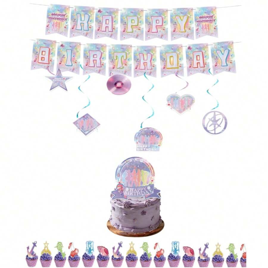 This 46-Piece Party Decoration Set Is Themed Around Colorful Singers, Including 15 Bunting Flags, 6 Banners, 24 Small Picks, And 1 Large Pick. It's Perfect For Home Birthday Parties, Photo Backdrops, And Can Also Be Used As A Gift Or Decoration. - B - View 1