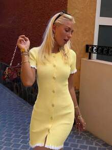 Women's New Spring/Summer Elegant Contrast Color Metal Button Dress, Paired With Graceful Ruffle Hem Blazer & Yellow Skirt Set For A Sophisticated Look. Features Front Button Closure Design, Suitable For Commuting, Daily Dates And Photo Shoots. - Yellow - View 7