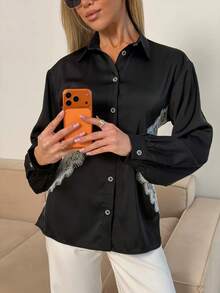Women's All-Season Solid Color Lace Patchwork Back Tie Long Sleeve Blouse - Black - View 6