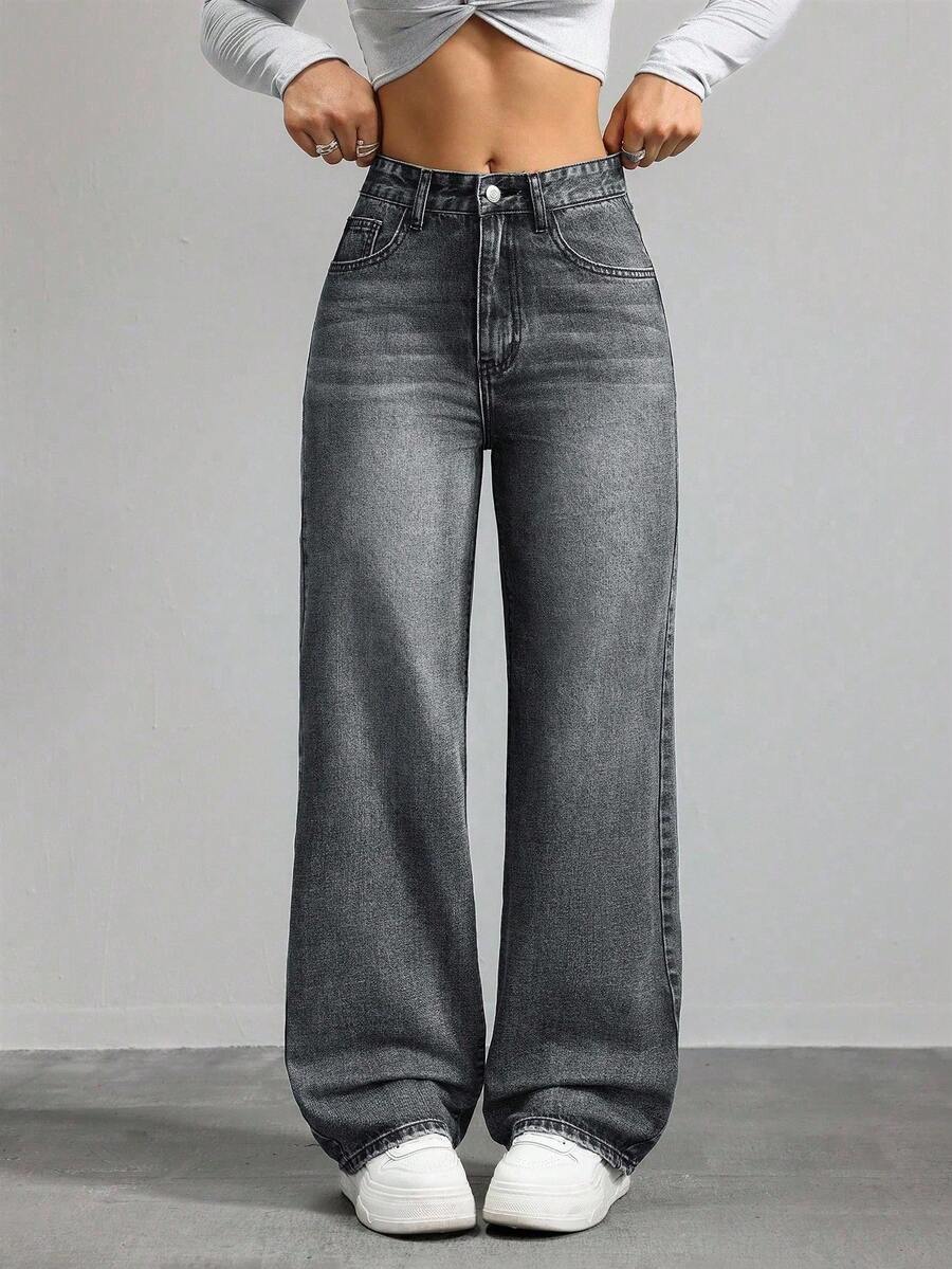 ICON Pantalones vaqueros de pierna recta versátiles de unicolor con bolsillo - Lavado ligero - Ver 1