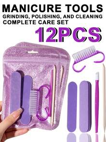European & American Violet Series Nail Filing & Cleaning & Exfoliating Set, 5 Nail Tool Accessories Per Set, Comprehensive Filing, Cleaning & Exfoliating, Mini & Stylish, Convenient For Travel, Easy For Beginners, Suitable For Nail Art Enthusiasts, Daily Use - Violet Purple - View 9