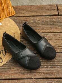 Women's Comfortable Soft Sole Fashion Patchwork Slip-On Round Toe Black Loafers Casual Style Summer Daily Wear Shopping Work Black Driving Loafers Plus Size Women's Flat Shoes Fall Shoes - Black Lychee Pattern With Black Velvet Finish - View 6