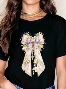 Women's T-Shirt With Floral Lace, Bow, Cross, Bible, Faith, Love, Hope, Casual Style, Round Neck, Short Sleeve, Perfect As A Birthday Gift, Suitable For Wearing On All Occasions - 黑色 - 查看 1