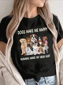 1 paquete de camisetas de manga corta de poliéster, estampadas con el diseño "Los perros me hacen feliz", ligeras y duraderas, adecuadas para el hogar, la oficina o para uso casual en exteri - Negro - Ver 1