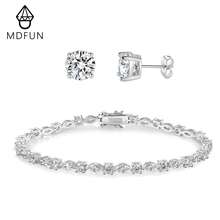 MDFUN 18K白金電鍍珠寶套組 3.5mm馬眼形鋯石網球手鍊與6mm圓形耳釘 - 手鍊+耳釘 - 查看 1