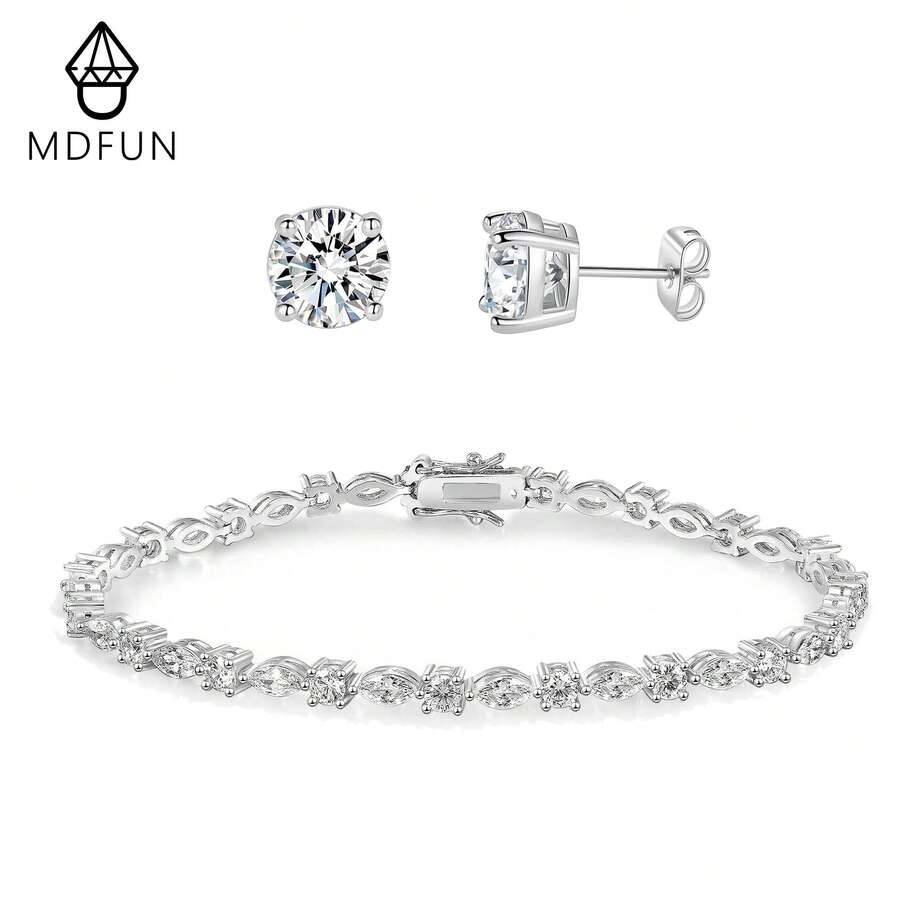 MDFUN 18K白金電鍍珠寶套組 3.5mm馬眼形鋯石網球手鍊與6mm圓形耳釘 - 手鍊+耳釘 - 查看 1