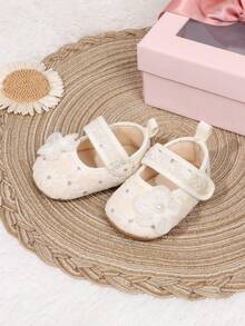 1 paire de chaussures de marche antidérapantes pour bébé fille 0-15 mois, en tissu avec broderie florale, fermeture à scratch, style Mary Jane princesse mignon et doux, pour printemps et automne - Blanc - Voir 4