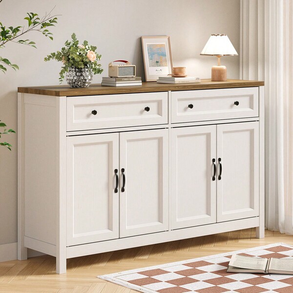 Asofer Credenza americana con elementi di colore a contrasto, spazioso mobile contenitore con quattro ante e due cassetti, mobile multifunzionale per soggiorno e ingresso.