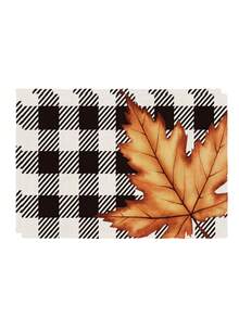 2/4/6pcs Thanksgiving Autumn Placemats Plaid Autumn Maple Leaf Heat Resistant & Easy To Clean Table Mats Suitable For Kitchen, Dining Table, Coffee Bar - Black and White - View 6