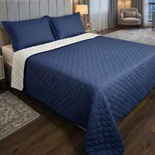 Single/Queen Double-Sided Bedspread Set With Sherpa Alaska 03 Pieces - Premium Soft Touch - 海軍藍 - 查看 1