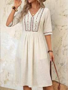 Vestido casual de longitud media con cuello en V y manga corta con estampado geométrico para mujer - Pearl White - Ver 1