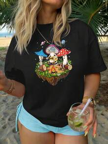 Women's Bonfire And Mushroom Graphic T-Shirt, Ideal For Autumn, Made Of Quality Fabric, Comfortable Fit, Hip-Hop Street Style And Breathable. - Black - View 1