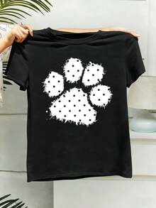 Women's Polka Dot And Paw Print T-Shirt, Quality Fabric, Relaxed Fit, Hip-Hop Street Style, Comfortable, Print Of . - 黑色 - 查看 2