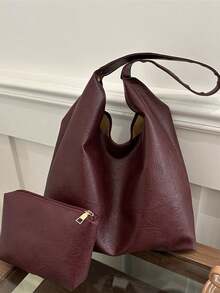 Bolso de hombro de mujer de gran capacidad y unicolor vintage, bolso cruzado multifuncional, bolso de hombro de mujer, bolso cruzado de gran capacidad, bolso de trabajo casual - Burdeos - Ver 3