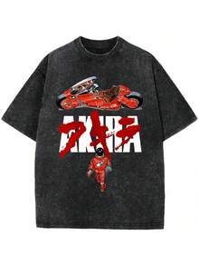Camiseta de manga corta para hombre, estilo casual, holgada, estilo harem, vintage, lavada, de alta calidad, con estampado de AKIRA para el verano. JDJE - Negro - Ver 2