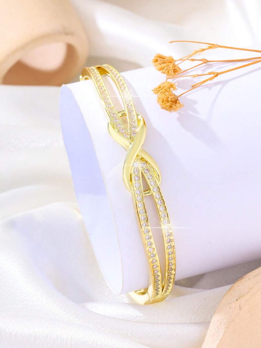 1 buah Gelang Mewah Simbol Tak Terhingga yang Saling Terjalin dengan Hiasan Zirkonia Bertabur Batu, Gelang Tipis Terbuka, Perhiasan Gaya Komuter yang Elegan - Emas - View 1