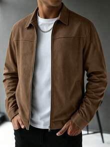 1 buah Jaket Suede Pria Warna Polos dengan Resleting, Kerah Klasik, Pakaian Luar Kasual Ringan, Lengan Panjang Warna Polos untuk Pemakaian Sehari-hari di Musim Gugur - Coklat - View 2