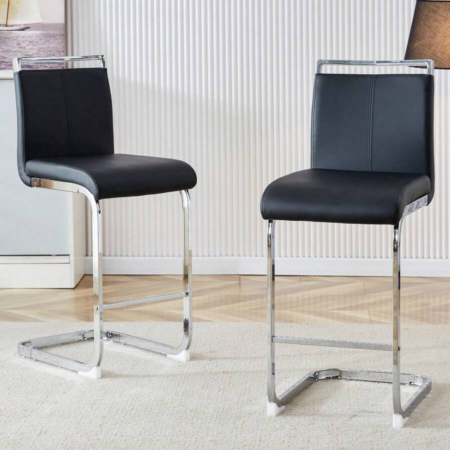 Juego de 2 taburetes de bar de estilo nórdico / Juego de 2 taburetes de bar de PU / Diseño único y construcción estable / Capacidad de carga de 120 kg / Adecuado para comedor, cocina y patio - Negro + Plata - Ver 1
