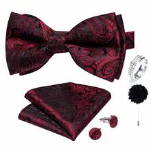 5Pcs Red Paisley Jacquard Men Accessory Set, Bow Tie Pocket Square Cufflinks Ring Boutonniere, Random Cufflink Patterns, For Groom Wedding - Red - View 2