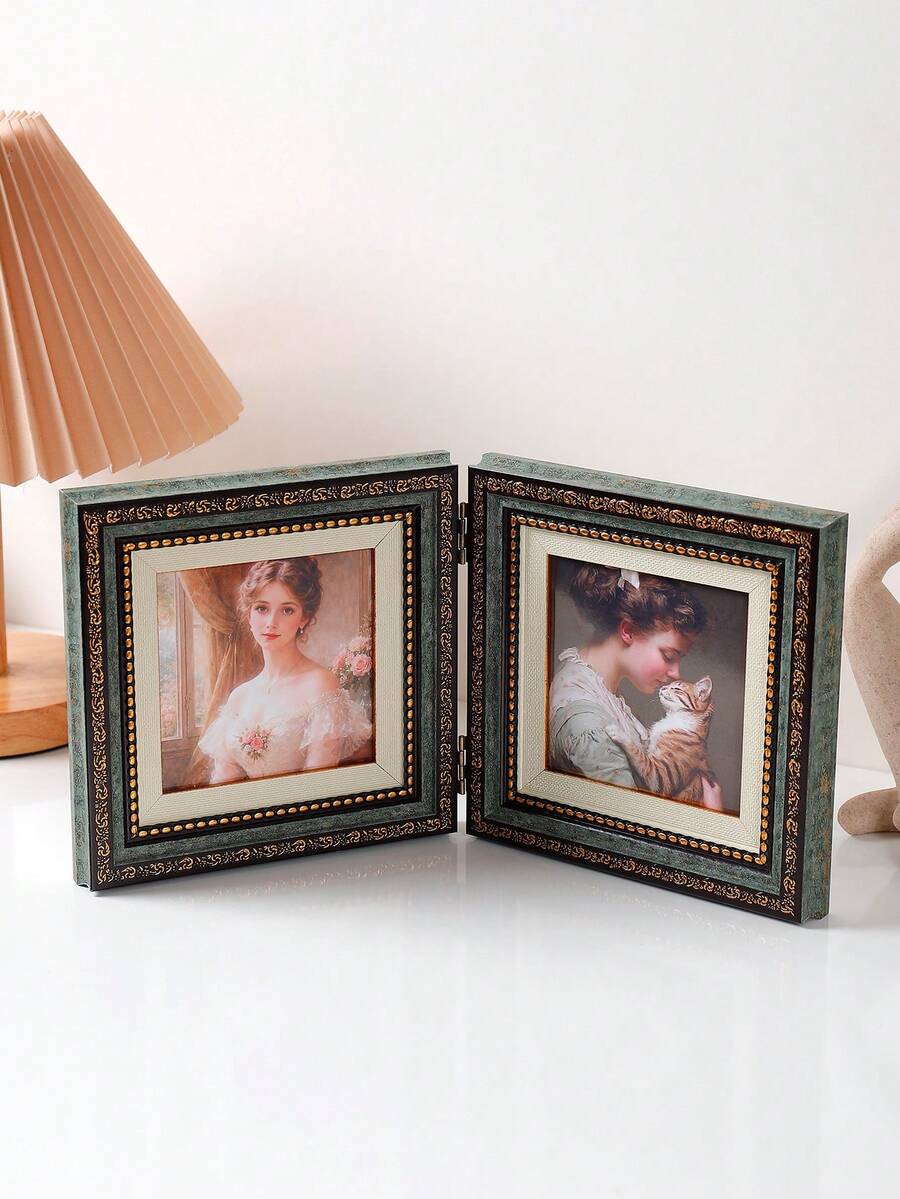 1pc Folding Hinge Photo Frame, Holds 2 Square 4x4 Inch Photos, Vintage Elegant Desktop Photo Display Frame, Suitable For Wedding, Holiday, Party Events, Living Room, Bedroom And Other Home Decor, Creative Gift For Friends And Family - Multicolor - View 1