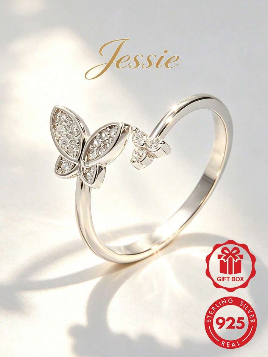 1枚优雅精致的925纯银立方氧化锆蝴蝶开口戒指,适合约会、婚礼、日常佩戴,增添魅力,是送给女性的礼物。 - 銀色 - 查看 1