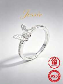 1pc Elegant & Glamorous 925 Silver Cubic Zirconia Hollow Butterfly Design Ring, Romantic Gift For Women, Suitable For Dating, Wedding, Daily Wear To Enhance Charm - Silver - View 1