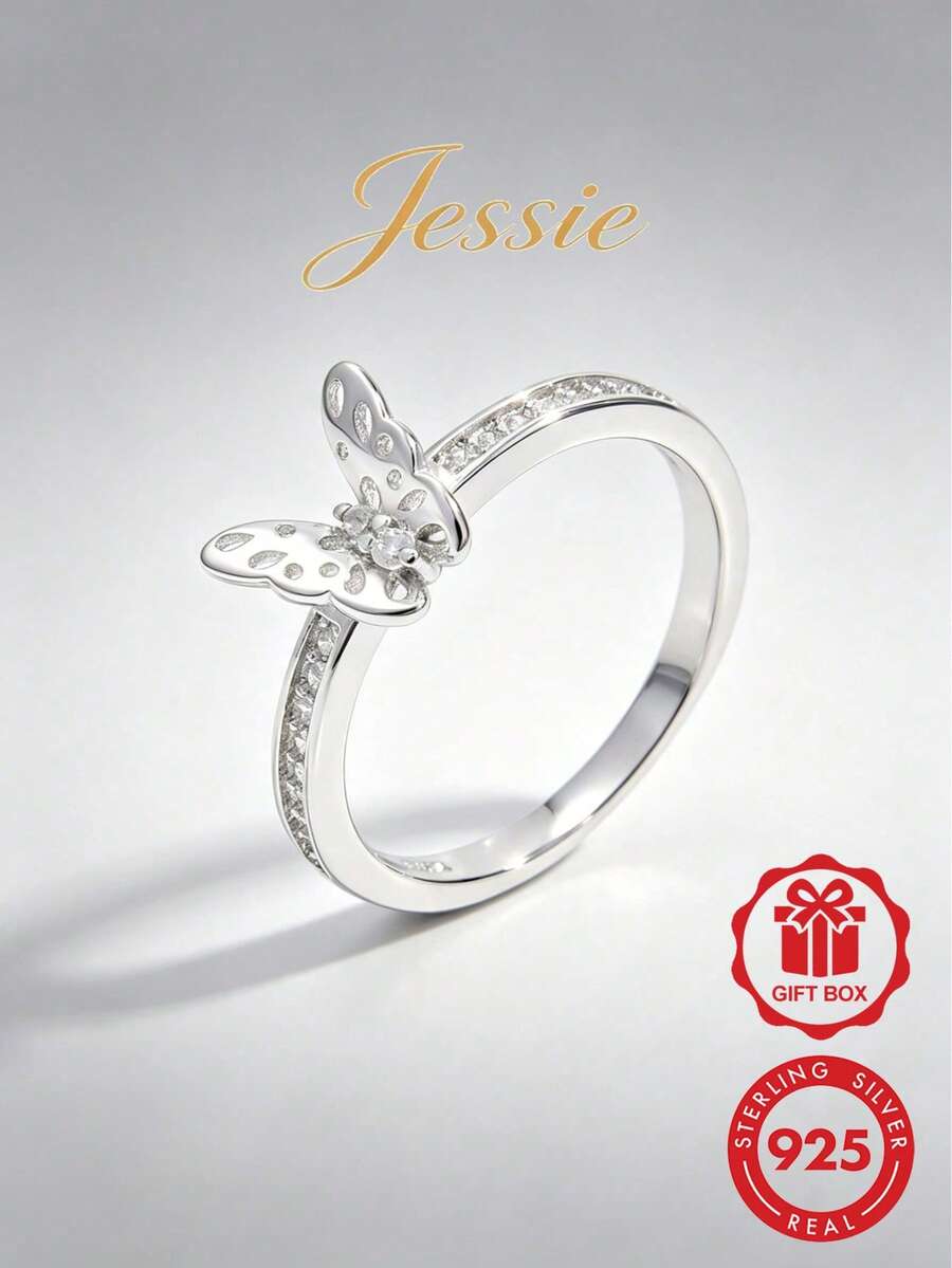 1pc Elegant & Glamorous 925 Silver Cubic Zirconia Hollow Butterfly Design Ring, Romantic Gift For Women, Suitable For Dating, Wedding, Daily Wear To Enhance Charm - Silver - View 1