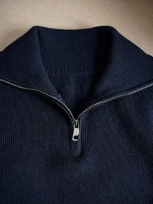 Navy Blue Half Zip Ribbed Knit Lapel Collar Drop Shoulder Long Sleeve Plus Size Plus Size Women's Casual Y2K Back To School Holiday Top Fall Winter - Navy - View 6