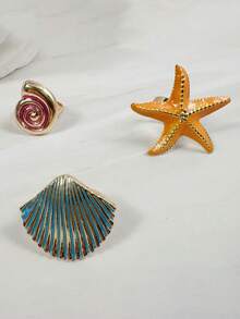 imoli 3pcs/Set Bohemian Beach Vacation Stackable Ocean Theme Enamel Orange Starfish + Pink Spiral Conch + Turquoise Scallop Shell Personalized Ring Set, Knuckle Rings, Suitable For Summer Seaside Party Daily Wear Jewelry Gift - 32817-ring-yb - View 9