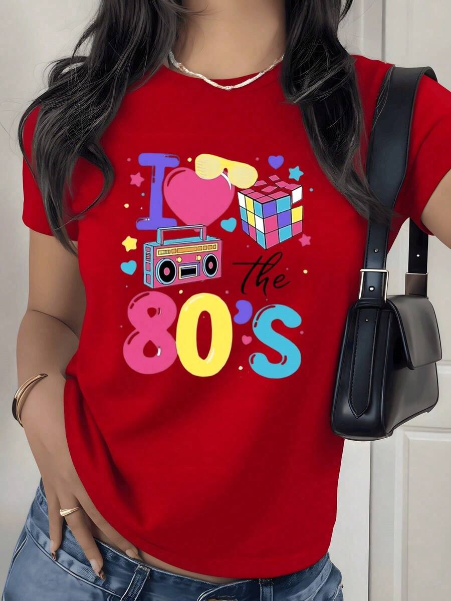 Retro 80s T-Shirt With And Boombox Graphic Print, 180g, 1 Piece, Vintage Musical Style, Casual For Women, 100% Cotton, Streetwear - 紅色 - 查看 1