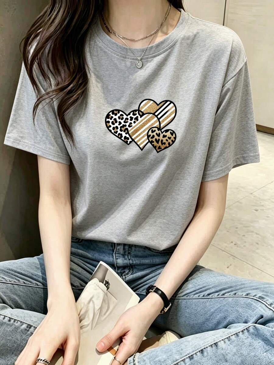 2026 Maija2026 MaijaWomen's T-Shirt With Leopard, Stripes And Hearts Print, Soft And Breathable Fabric, Loose Fit, Ideal For All Body Types, For Summer, Daily Use, Sport - 灰色 - 查看 1