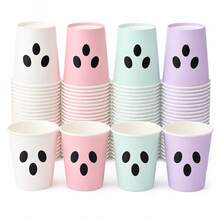 10/20/80pcs Macaron Light Color Ghost Face Disposable Paper Cups, Cute Ghost Print Halloween Party Drinking Cups, 9oz Cartoon Theme Party Cups, Suitable For Birthday Parties, Baby Showers, Afternoon Tea And Holiday Dessert Gatherings - Multicolor - View 4