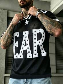 Men's Summer Casual Fashion Streetwear Daily Commute Star & Letter Print Knit Mesh Sports Jersey Top - Black - View 2