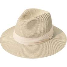 Sombrero de paja de ala ancha para mujer Lanzom, estilo Panamá, enrollable, para playa, con protección solar UPF50+ - Rojo - Ver 23