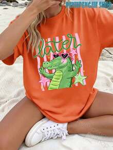 Women's Later Gator Funny Pun Cute Crocodile Casual Oversized Graphic Tee, Last Day Of School, 4th Of July, Vacation, Summer Tops, Teacher Outfits - 紅色和黑色 - 查看 1