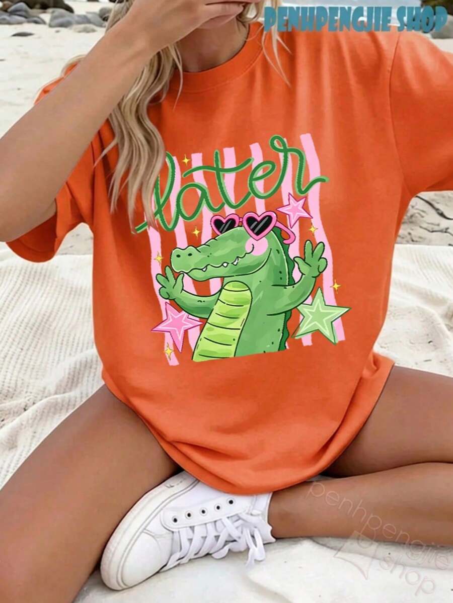 Women's Later Gator Funny Pun Cute Crocodile Casual Oversized Graphic Tee, Last Day Of School, 4th Of July, Vacation, Summer Tops, Teacher Outfits - 紅色和黑色 - 查看 1