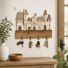 Estante de llaves vintage de estilo rústico con impresión plana 2D - Decoración para entrada, cocina, porche - Soporte de llaves con forma de casa de madera, adecuado para el hogar, la oficina - Fácil de colgar e instalar - Multicolor - Ver 10
