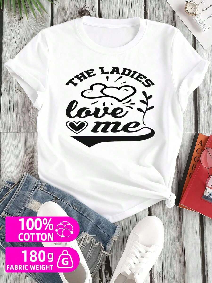 Camiseta de mujer "Love Me" de una pieza | Camiseta romántica estampada para parejas, 180G 100% algodón puro, camiseta con diseño de edición limitada, color blanco casual, adecuada para to - Blanco - Ver 1